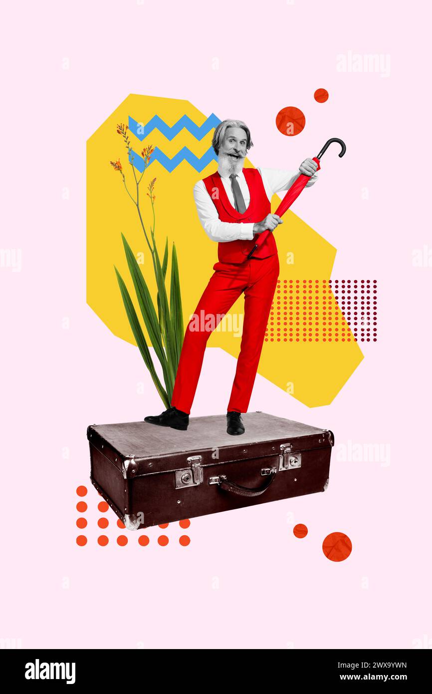 Vertical picture collage standing mature pensioner macho vintage red outfit stylish umbrella red colorful clothes huge luggage suitcase Stock Photo
