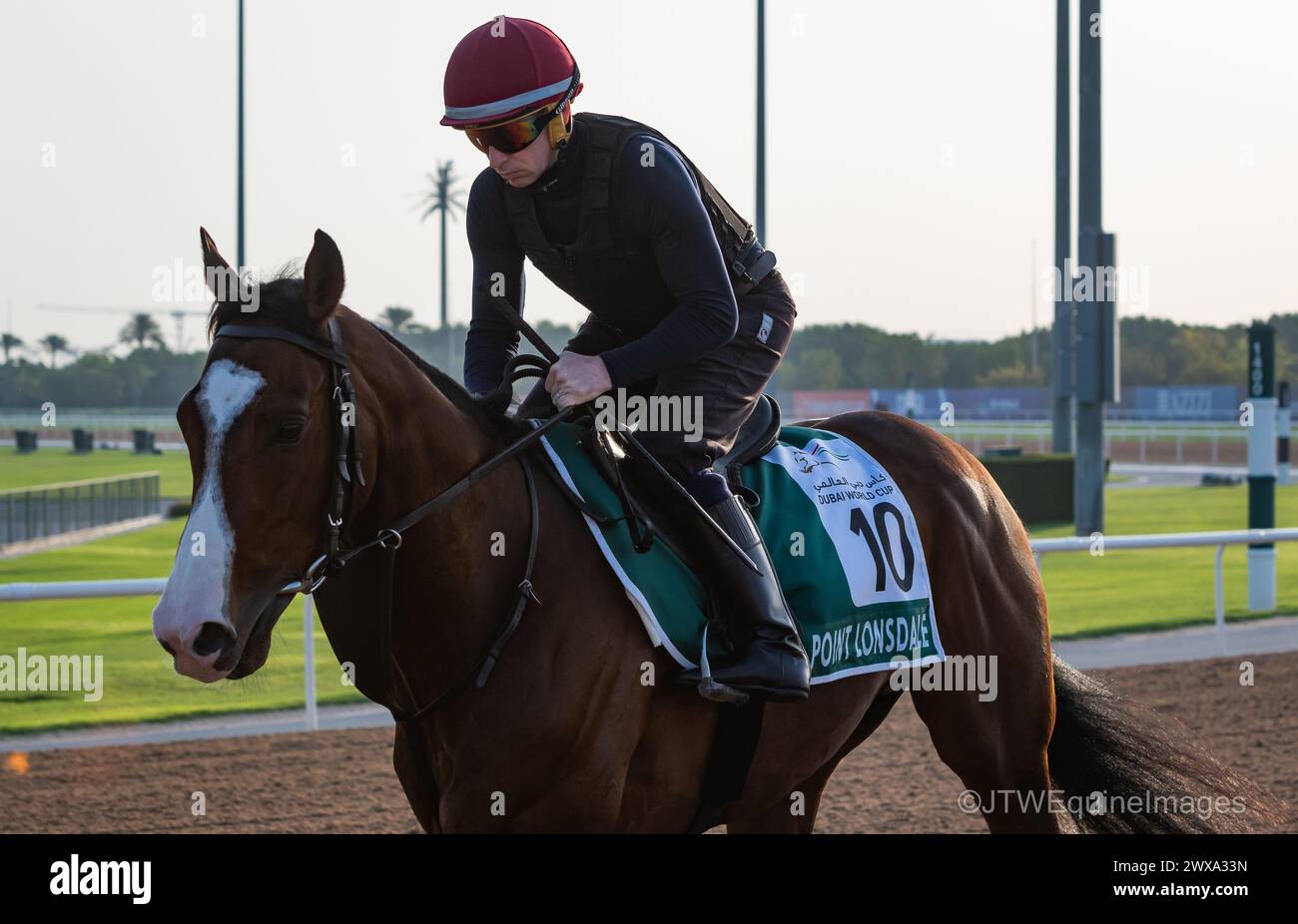 Meydan Racecourse, Dubai, UAE, Friday 29th March 2024; Sheema Classic contender Point Lonsdale and their rider take part in trackwork at Meydan Racecourse, ahead of the Dubai World Cup meeting on Saturday 30th March 2024. Credit JTW Equine Images / Alamy Live News Stock Photo