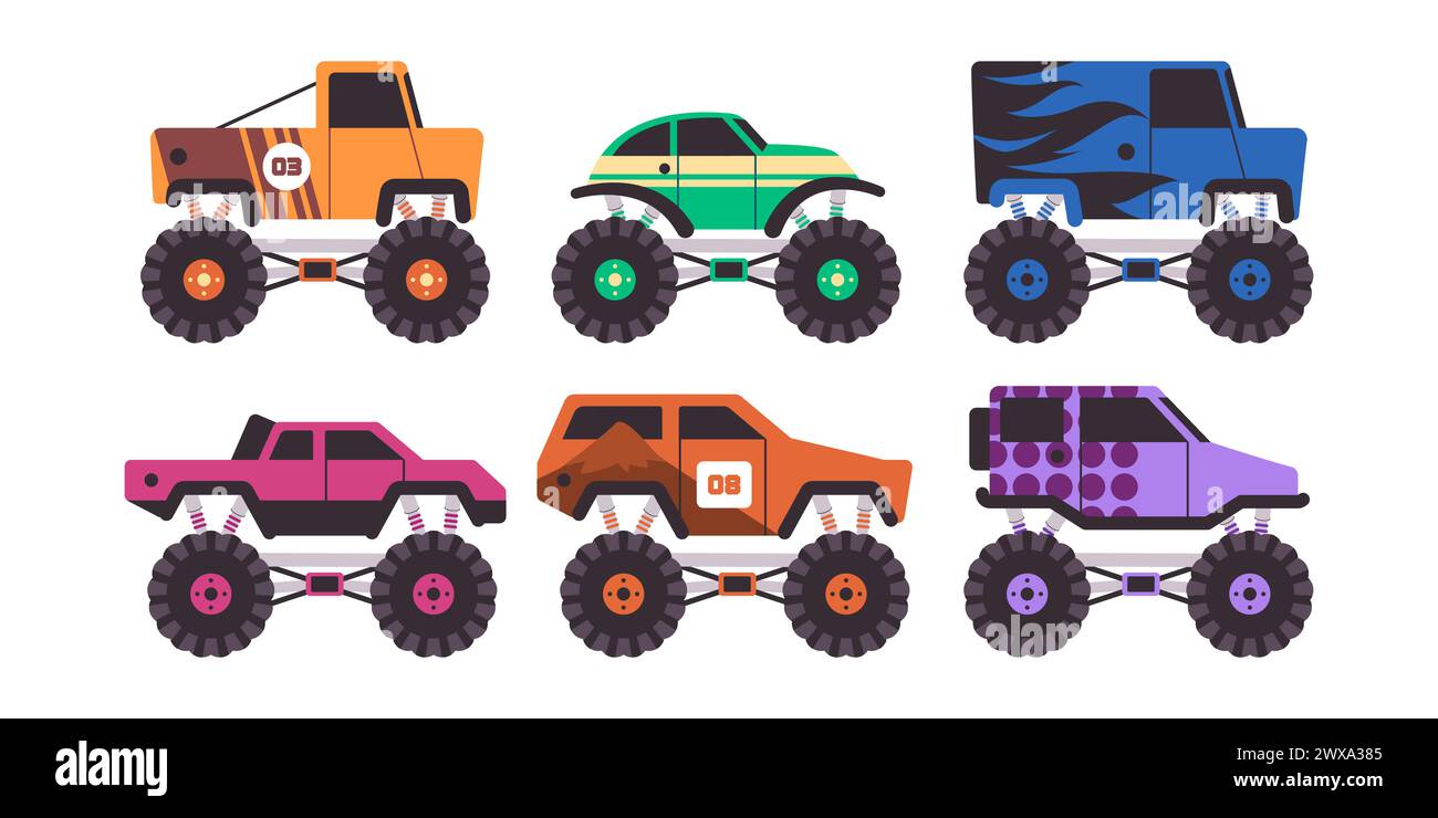 colorful set monster truck toys car large heavy transportation extreme big fast offroad vehicle Stock Vector