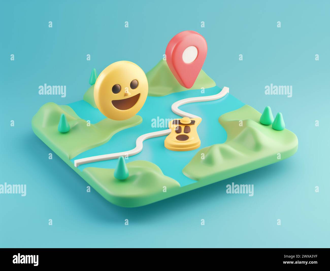 Smilie face map gps emoji 3d render happy Stock Photo - Alamy