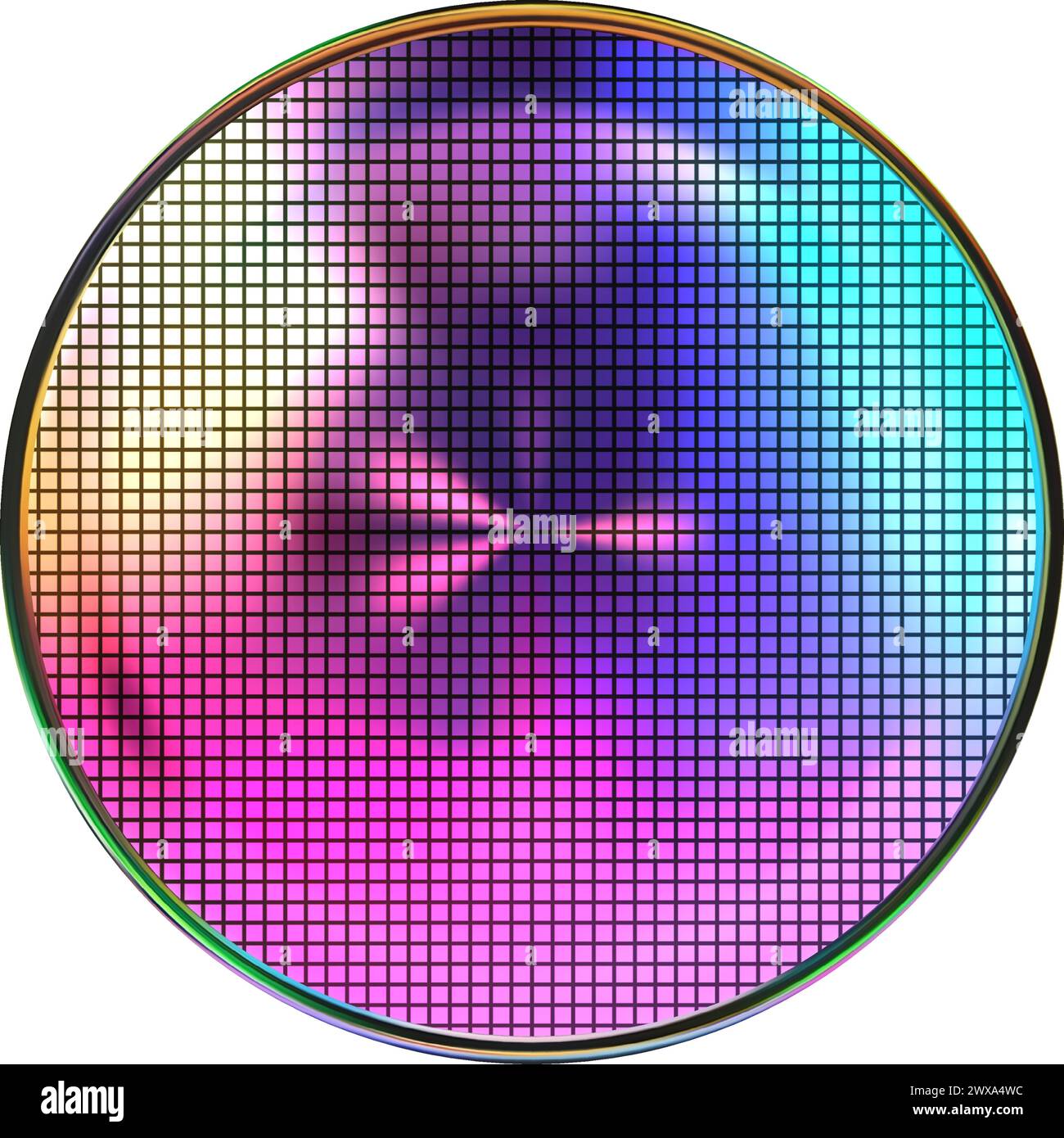 Bright rainbow silicon wafer with microchip cells on white. Microelectronic polycrystalline integrated circuits for computer chips. Vector illustratio Stock Vector