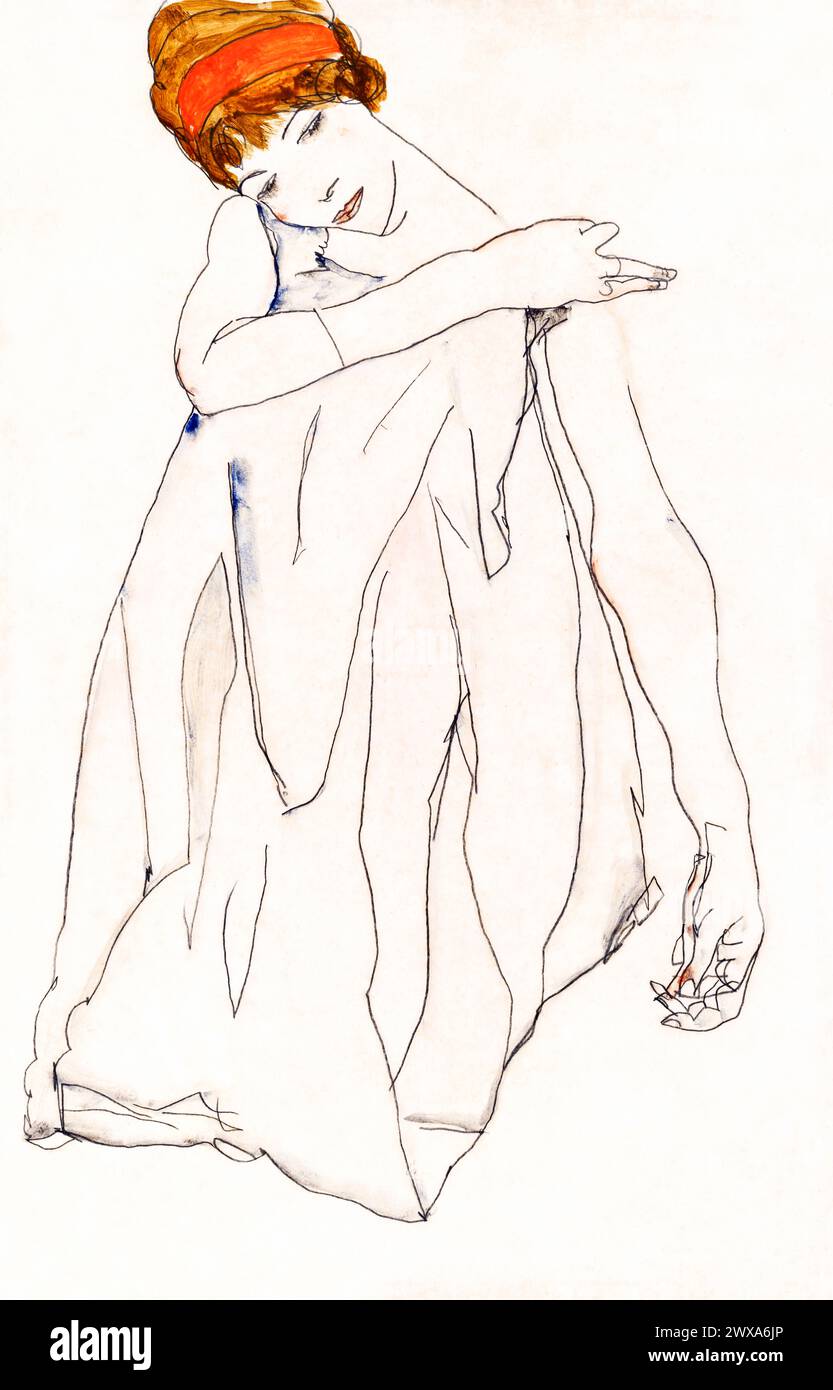 Dancer (1913) by Egon Schiele. Original female line art drawing from The MET museum. Stock Photo