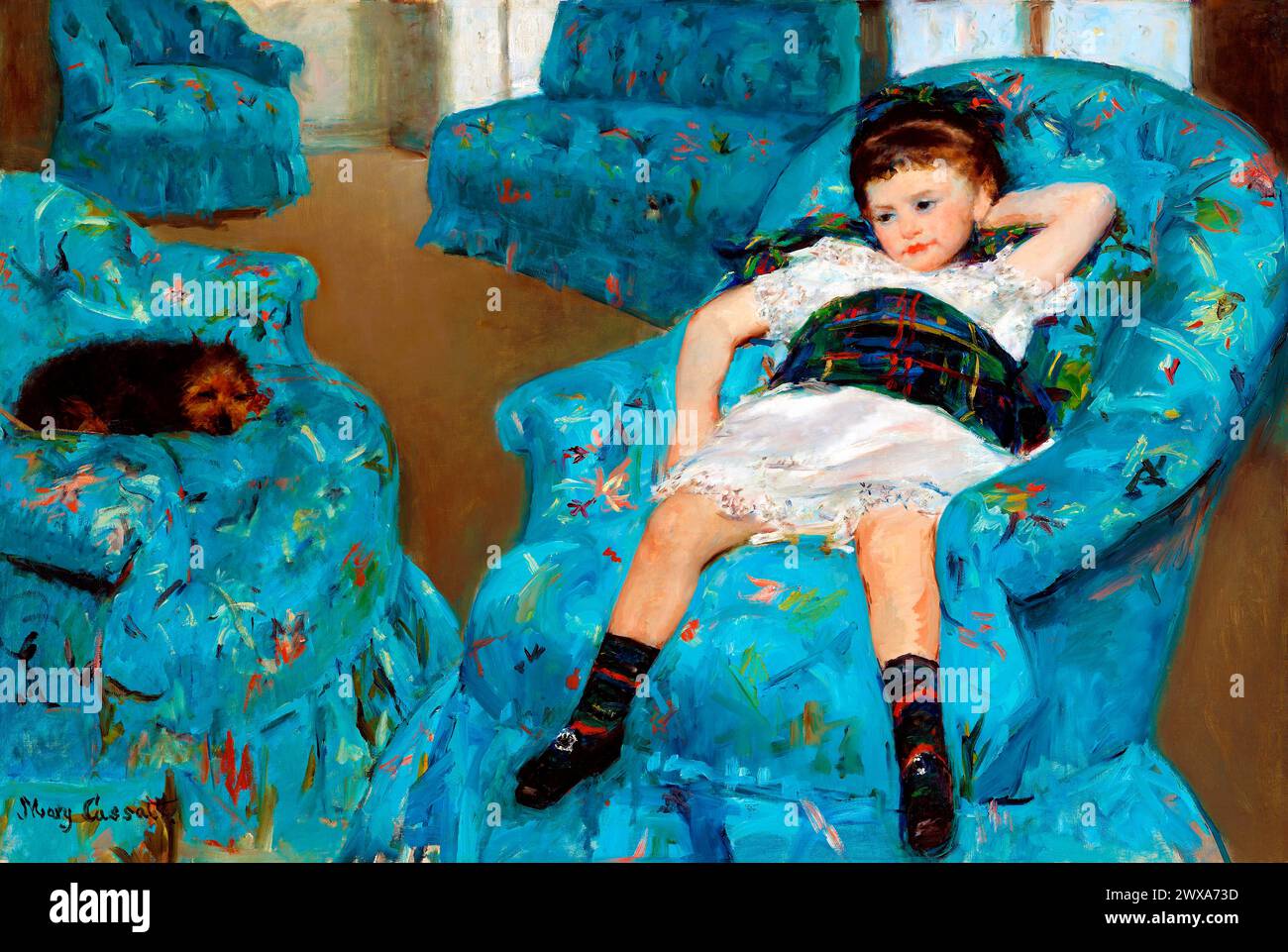 Little Girl in a Blue Armchair (1878) by Mary Cassatt. Original portrait painting from The National Gallery of Art. Stock Photo