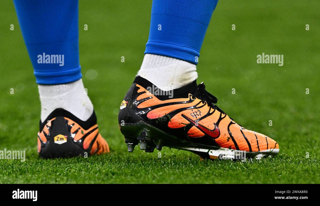 LONDON, ENGLAND - MARCH 23: Close up details of Vinicius Junior personalized Nike Mercurial Vapor 15 x Air Max Plus football boots during the internat Stock Photo