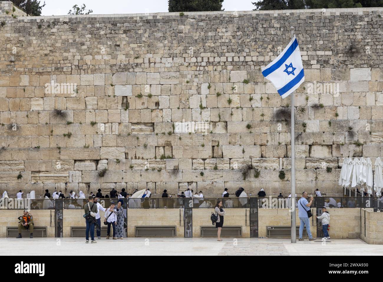 The Wailing Wall pictured during a visit to the city of Jerusalem, Israel, on day three of a diplomatic mission to Israel and the Palestinian territories, Friday 29 March 2024. She will call for an immediate ceasefire in the ongoing war of Israel in the Gaza strip, the release of the hostages following the Hamas attack in October, and for a two-state solution. According to the minister, there is still hope for a ceasefire before the end of Ramadan in April. She will also reiterate that Belgium is available to organise a preparatory peace conference. BELGA PHOTO NICOLAS MAETERLINCK Stock Photo