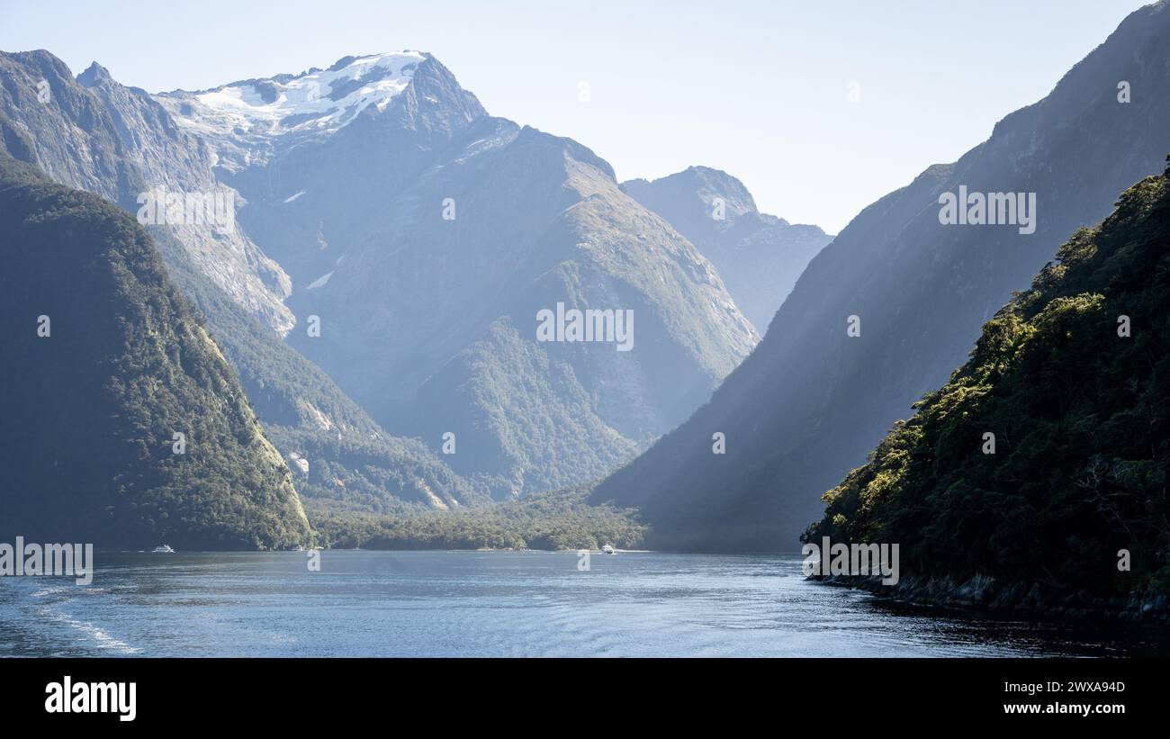 Fjord landscape with lush forest and high peak with glacier towering above the sea, New Zealand. Stock Photo