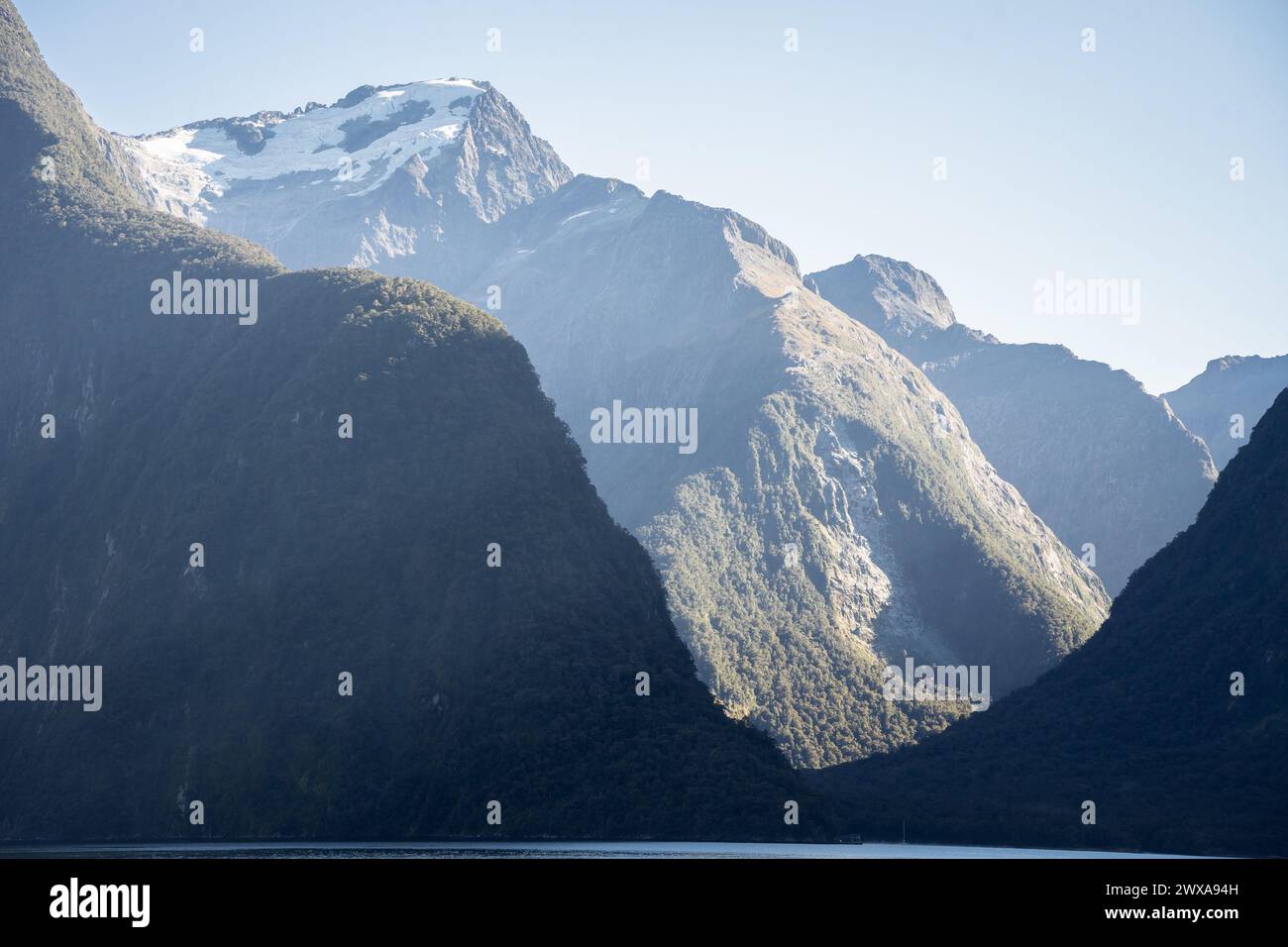 Fjord landscape with lush forest and high peak with glacier towering above the sea, New Zealand. Stock Photo