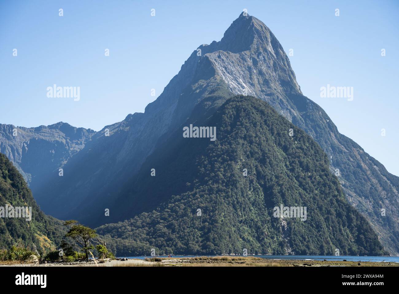 Majestic sharp rocky peak rising high from the sea, Mitre Peak in Fiordland, New Zealand. Stock Photo