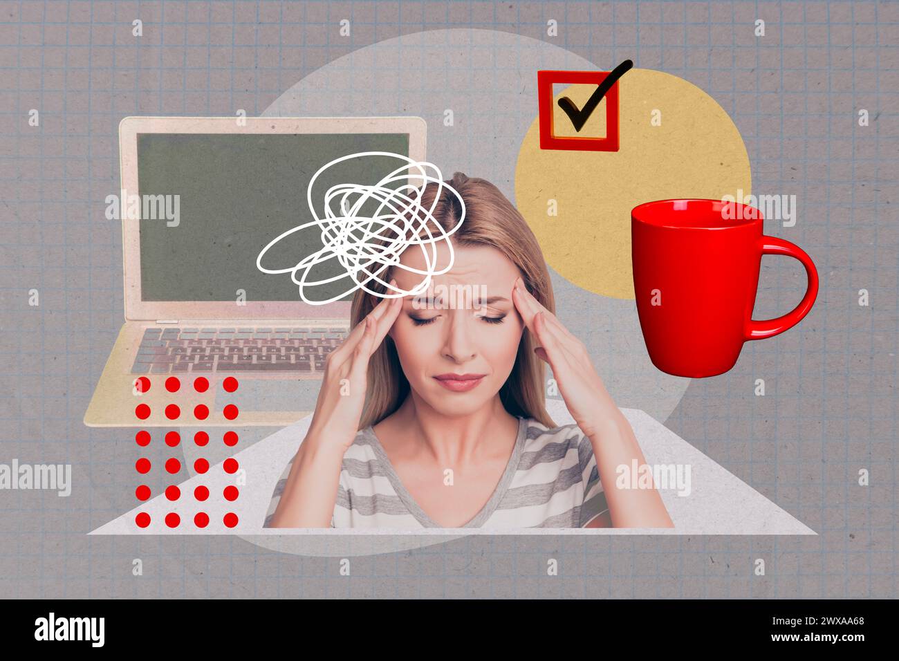 Creative collage picture young sad exhausted girl laptop drawing