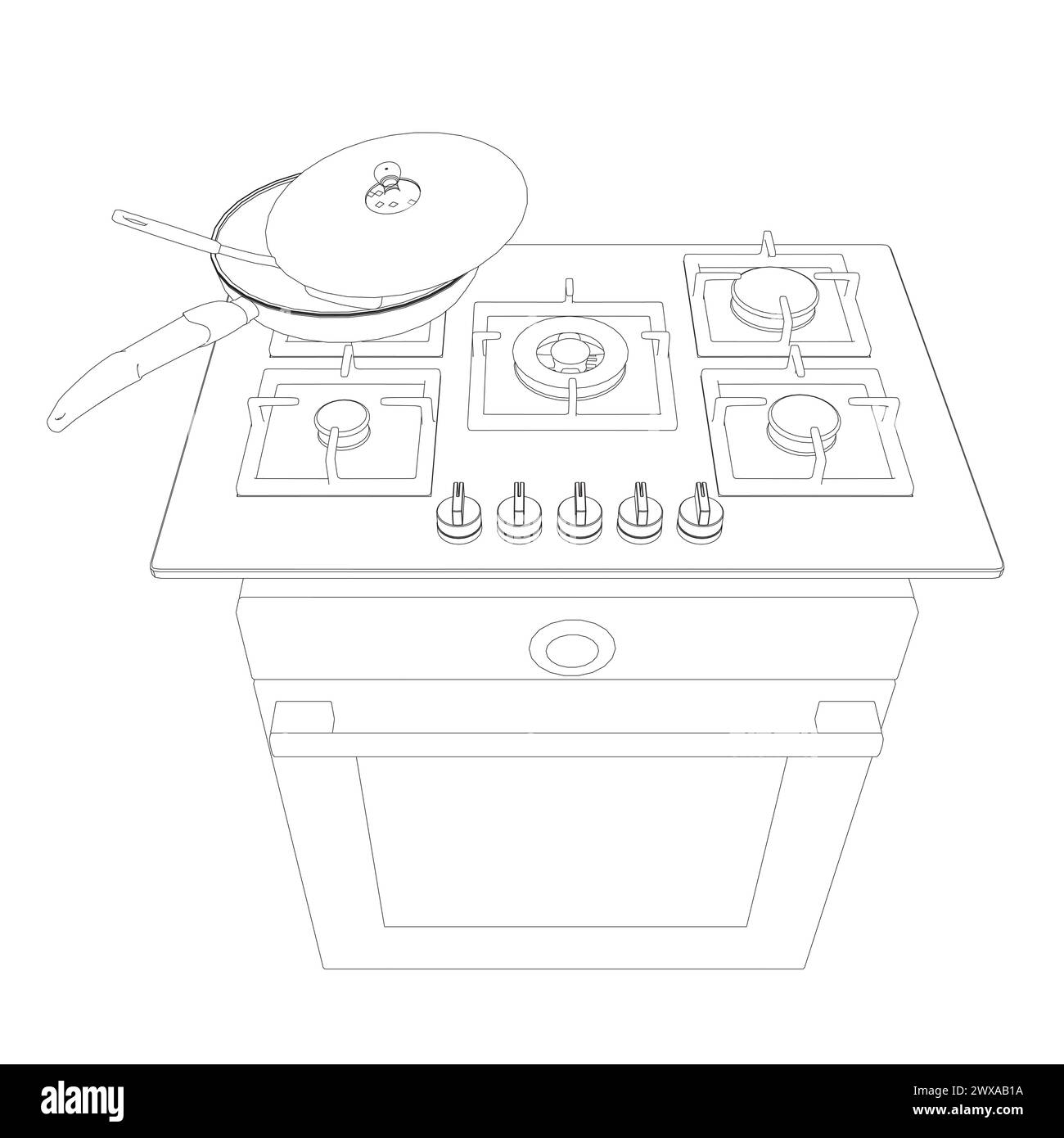 Contour of gas stove and hood. Outline oven vector illustration on white background. Vector illustration Stainless oven for cooking. Front view. Stock Vector
