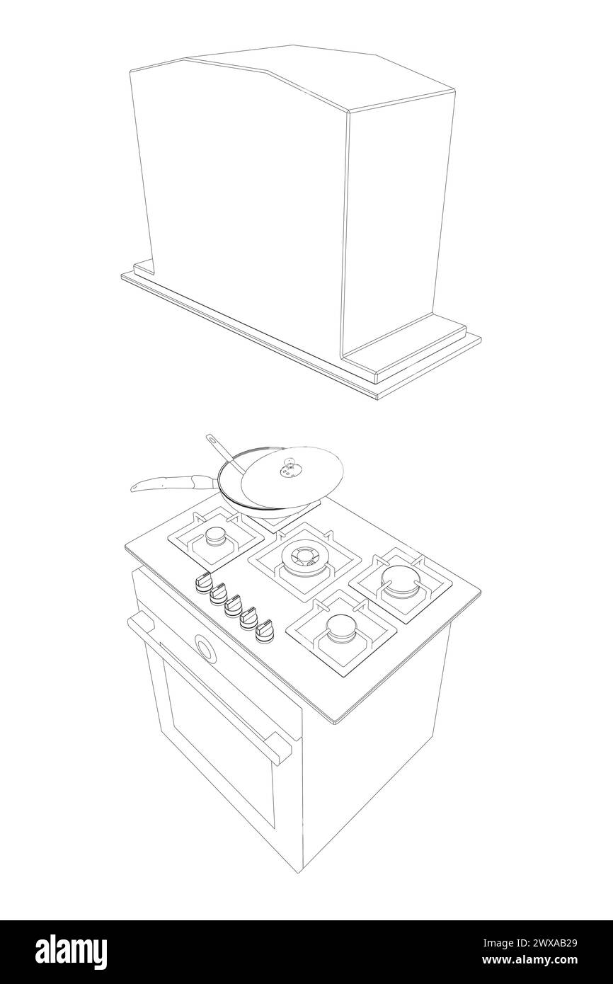 Contour of gas stove and hood. Outline oven vector illustration on white background. Vector illustration Stainless oven for cooking. Isometric view. 3 Stock Vector