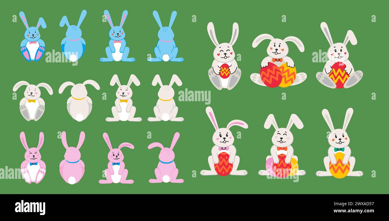 Happy Easter Set with eggs and bunnies Stock Vector