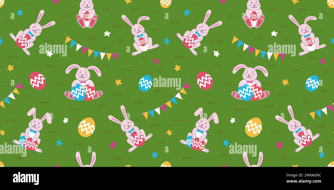 Happy Easter seamless pattern with cute bunnies holding eggs Stock Vector