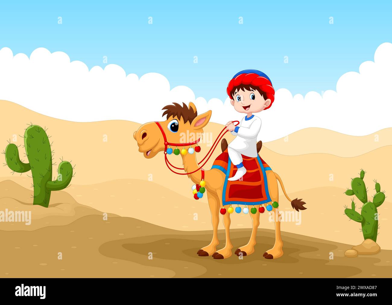 Illustration of Arab boy riding a camel in the desert Stock Vector