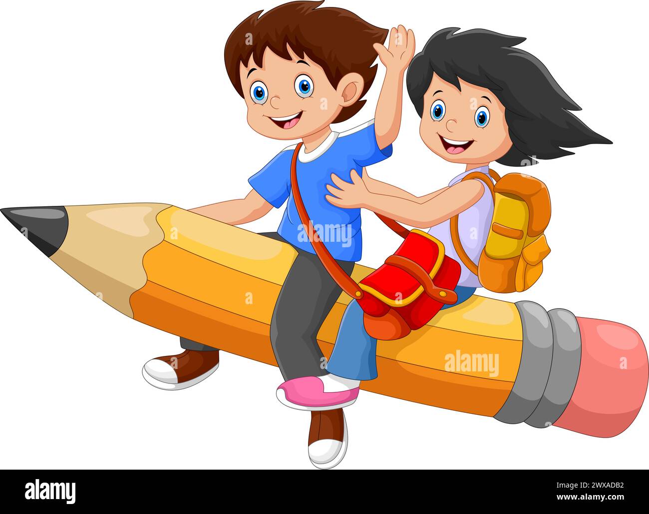 Vector illustration of happy school kids riding a flying pencil isolated on white background Stock Vector