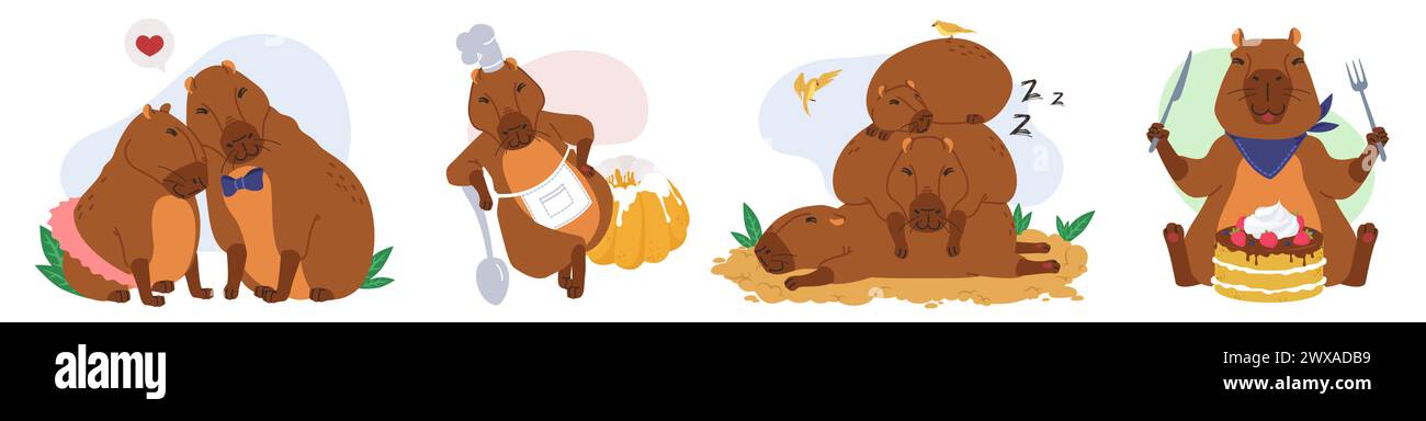 Happy capybara characters doing different things set Stock Vector
