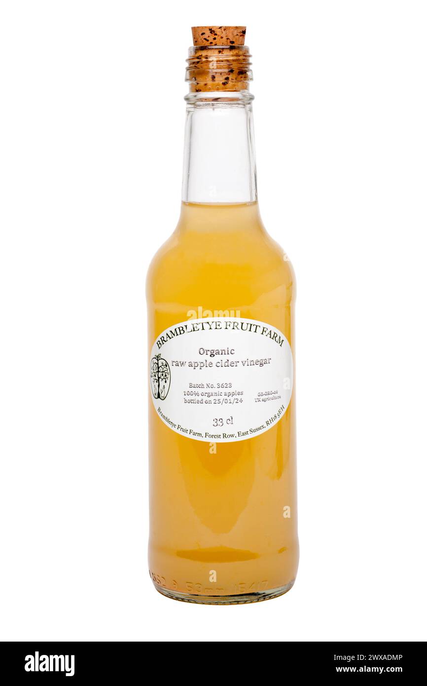 33cl Bottle of Organic Raw Apple Cider Vinegar with Batch Number and Bottled Date  from  Brambletye Fruit Farm Biodynamic Growers  in East Sussex Stock Photo