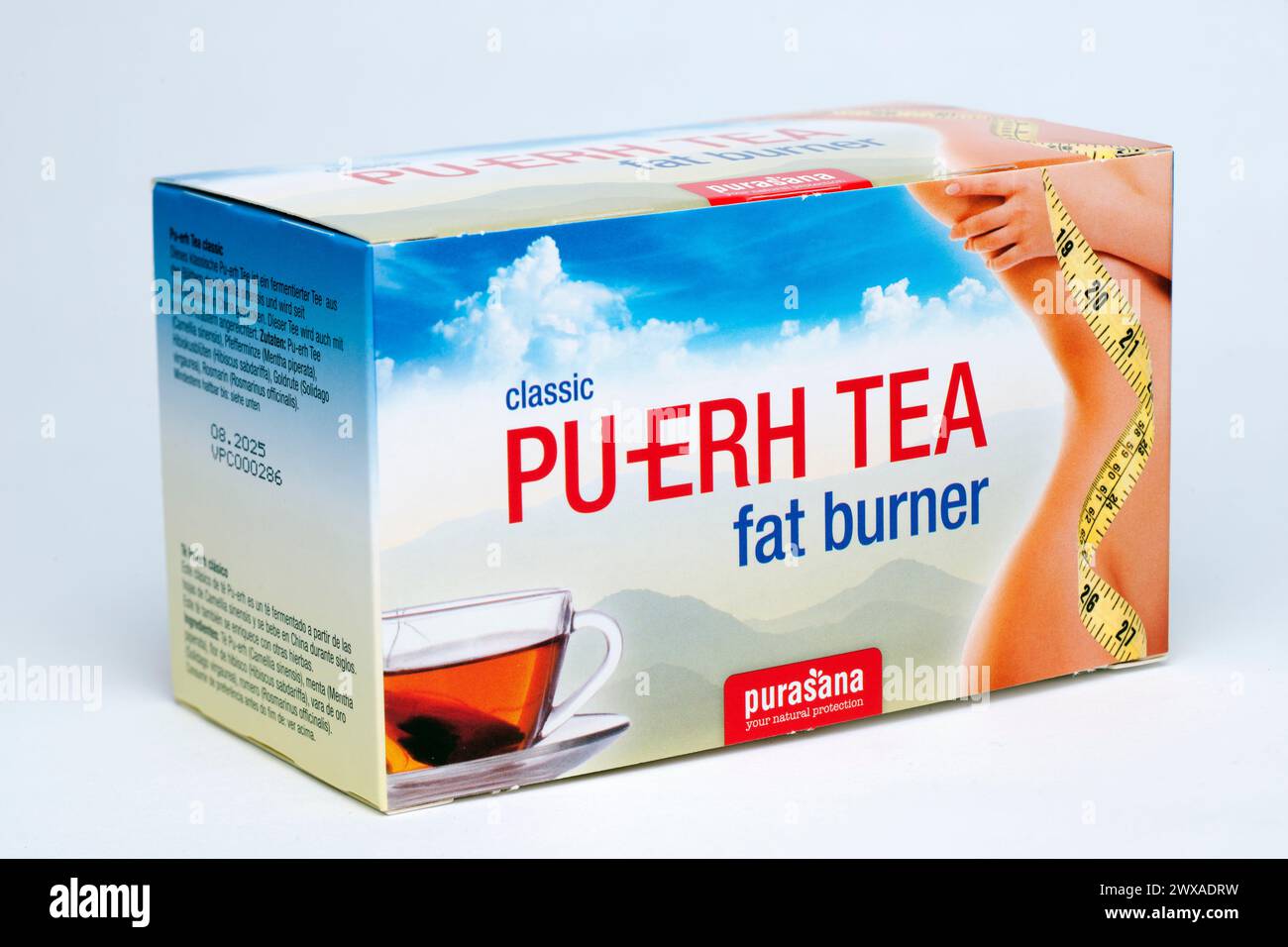 Box of Pu-erh classic  tea  fermented green tea with enriched herbs goldenrod and rosemary  - 20 sachets Stock Photo
