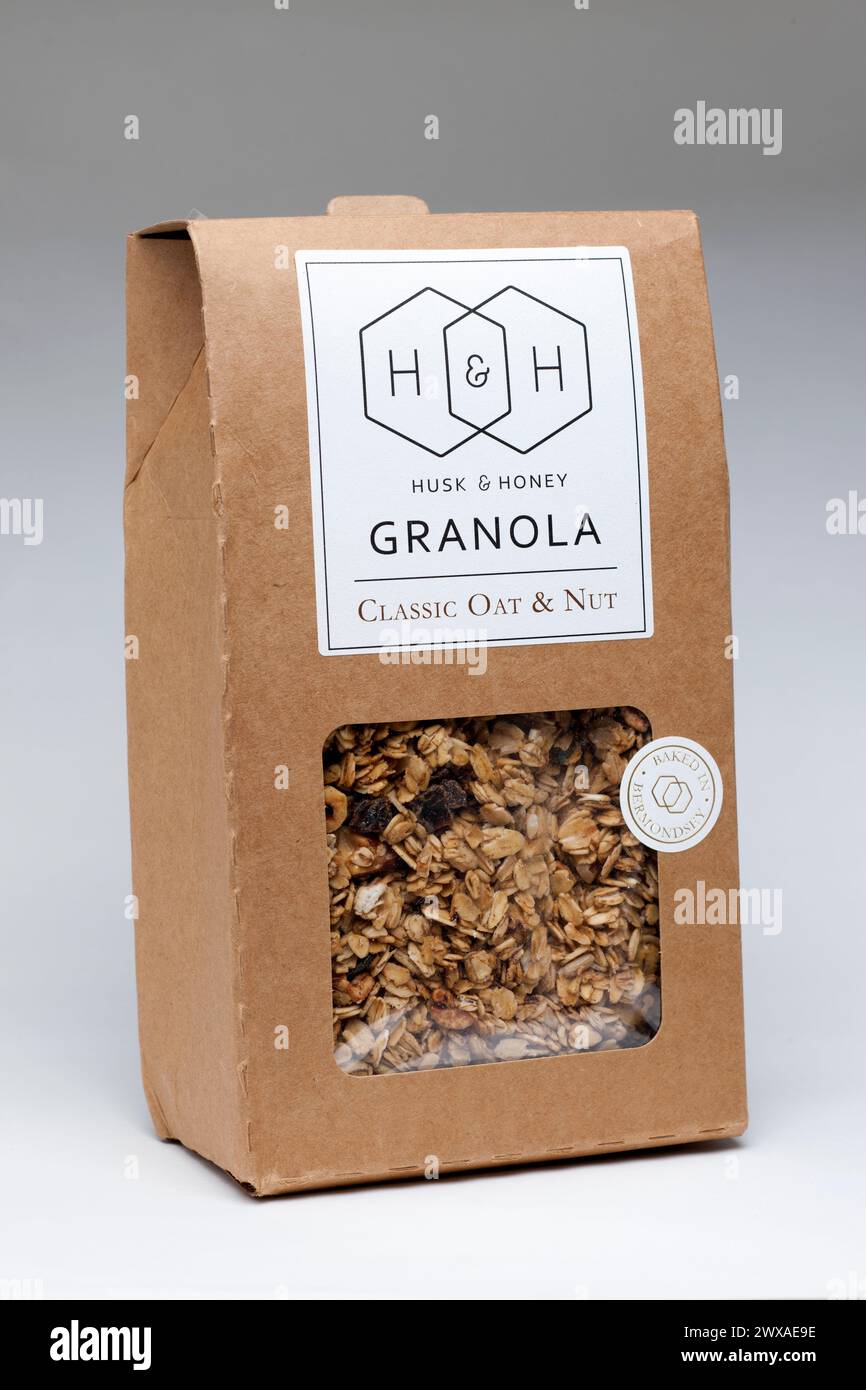 Box of Husk and Honey Tasty  Classic Oat and Nut Granola Stock Photo