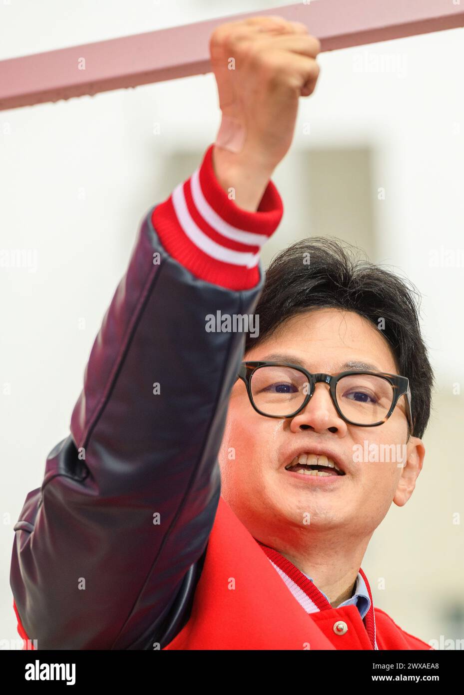 Anyang, South Korea. 29th Mar, 2024. Han Dong-hoon, interim leader of the ruling People Power Party (PPP) makes a fist during a campaign event for the upcoming parliamentary elections at Anyang in South Korea. The April 10 parliamentary election begins on March 28 with a 13-day run until the eve of the election. The race has largely been about a showdown between the ruling People Power Party (PPP) seeking to add more seats and the main opposition Democratic Party (DP) aiming to retain its parliament majority. Credit: SOPA Images Limited/Alamy Live News Stock Photo