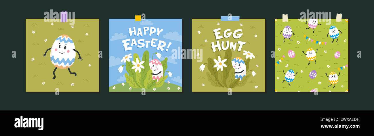 Happy Easter Set of greeting cards with Cute easter colored eggs Stock Vector