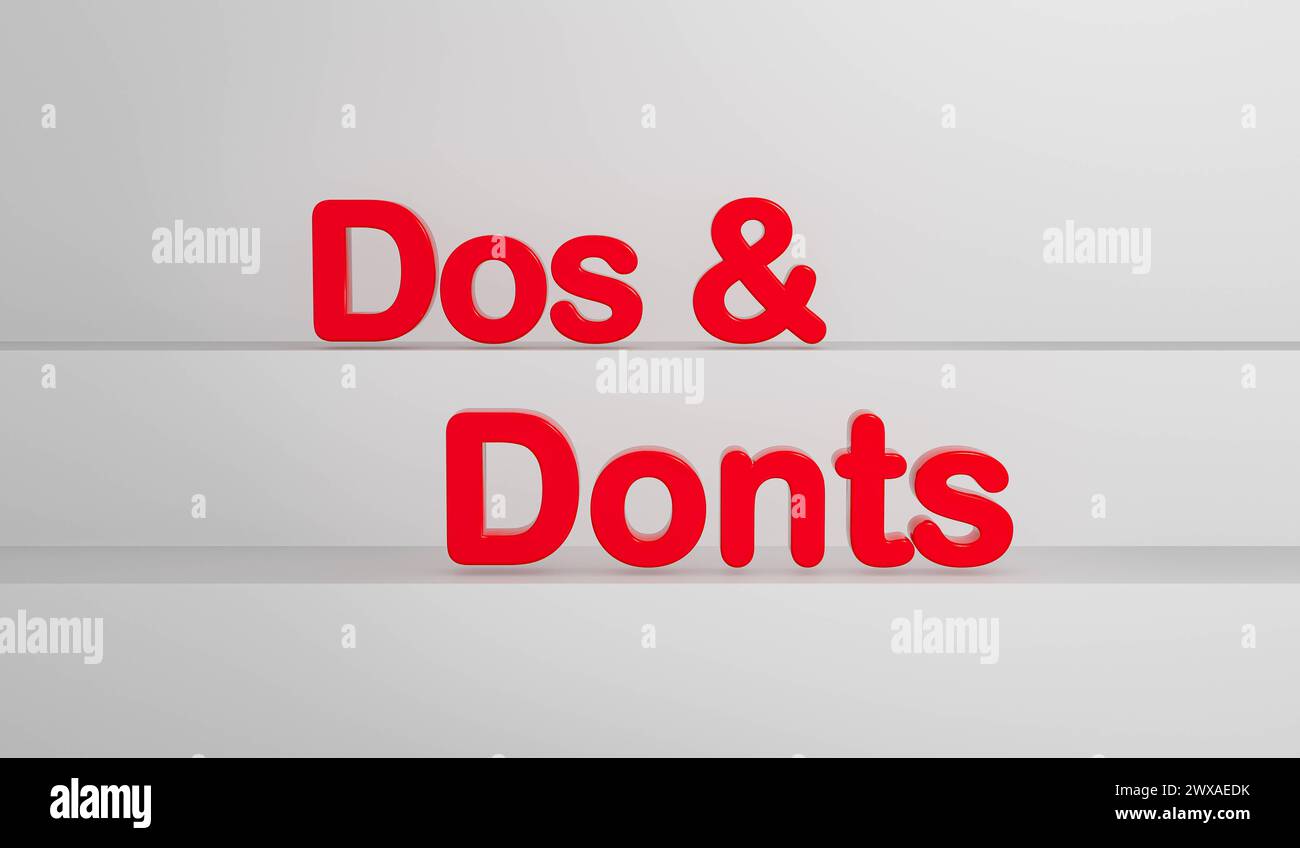 Dos and Donts. Dos and Donts. Red shiny plastic letters, gray background. Right or wrong, rules, instructions, choice, decisions. 3D illustration text Stock Photo