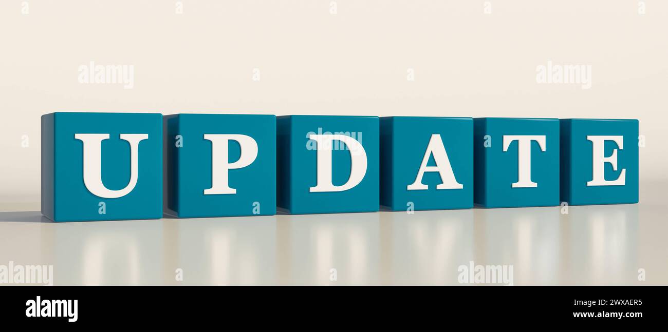 Update Update single word. Blue dices with white letters and the text, update. 3D illustration text word dice033 update  RECORD DATE NOT STATED Stock Photo