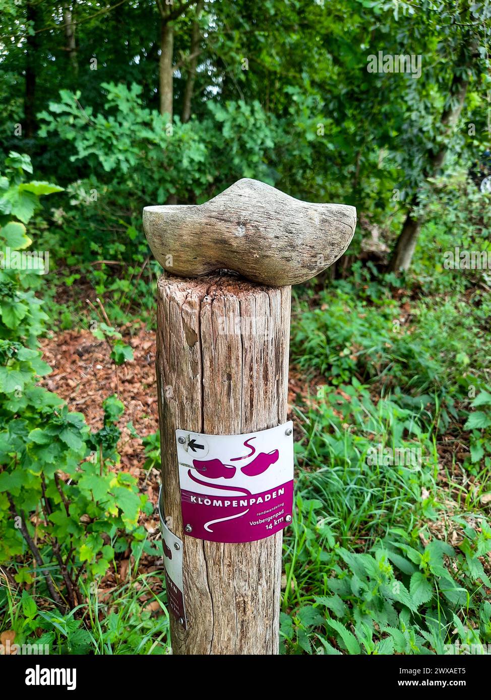 Clogs Sign signs on poles to indicate a clog trail as a nature walk in Hattem in ...