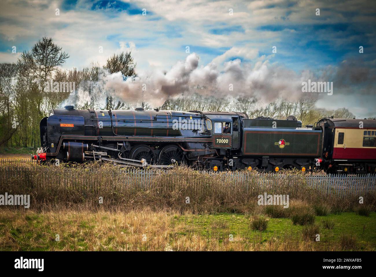 BR standard class 7 Brittania at Winwick on the West Coast main line. Stock Photo