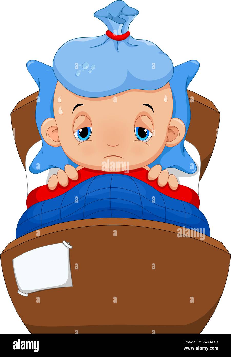 Sick kid lying in bed. isolated on white background Stock Vector