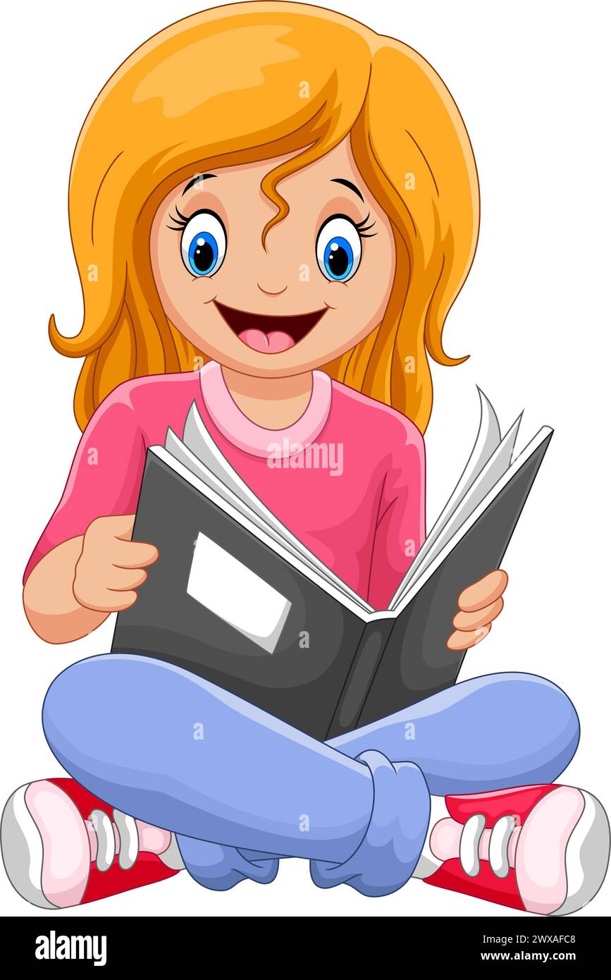 Little girl sitting and reading book on white background Stock Vector ...