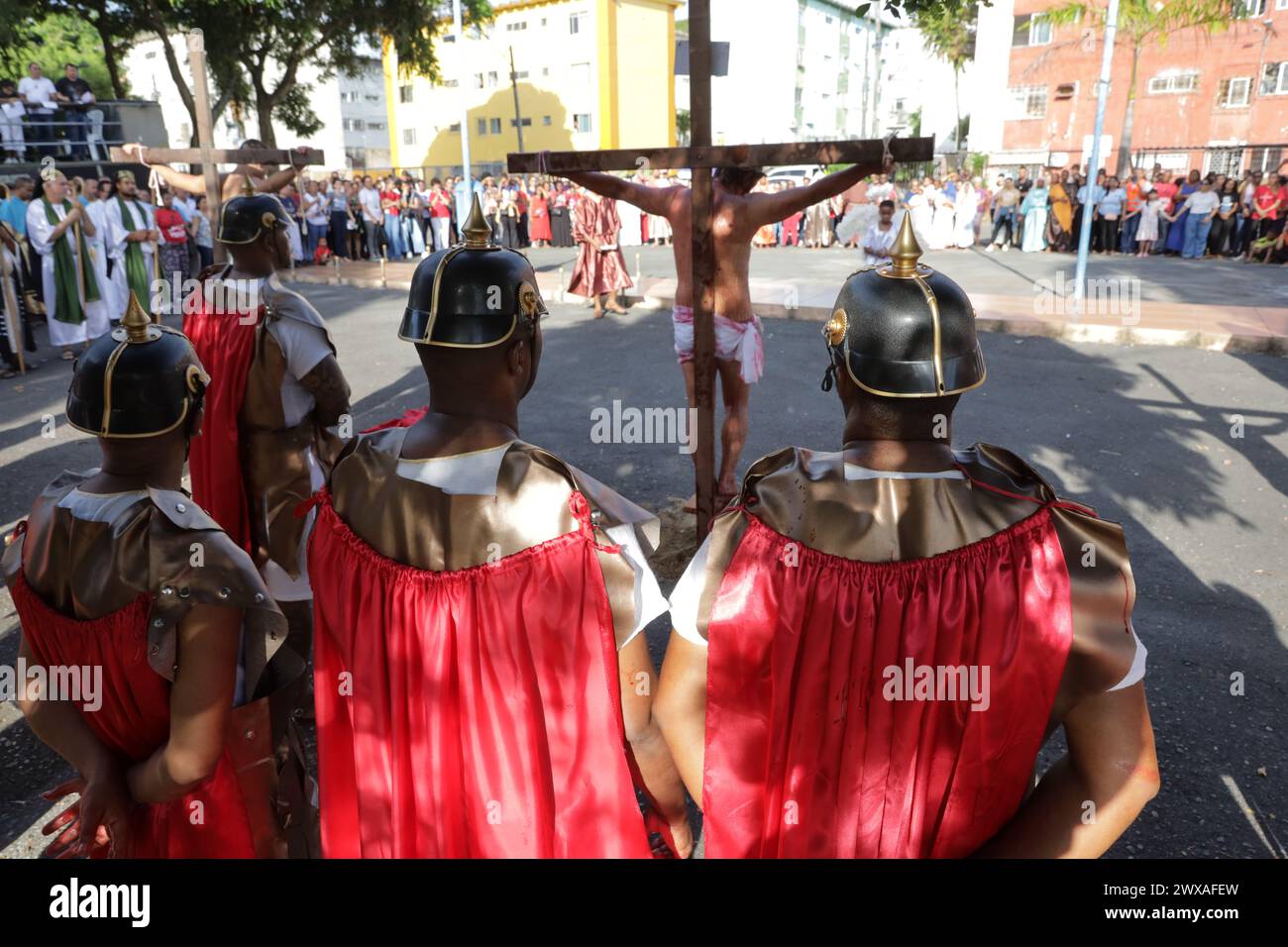 salvador, bahia, brazil march 29, 2024 actors perform the passion of