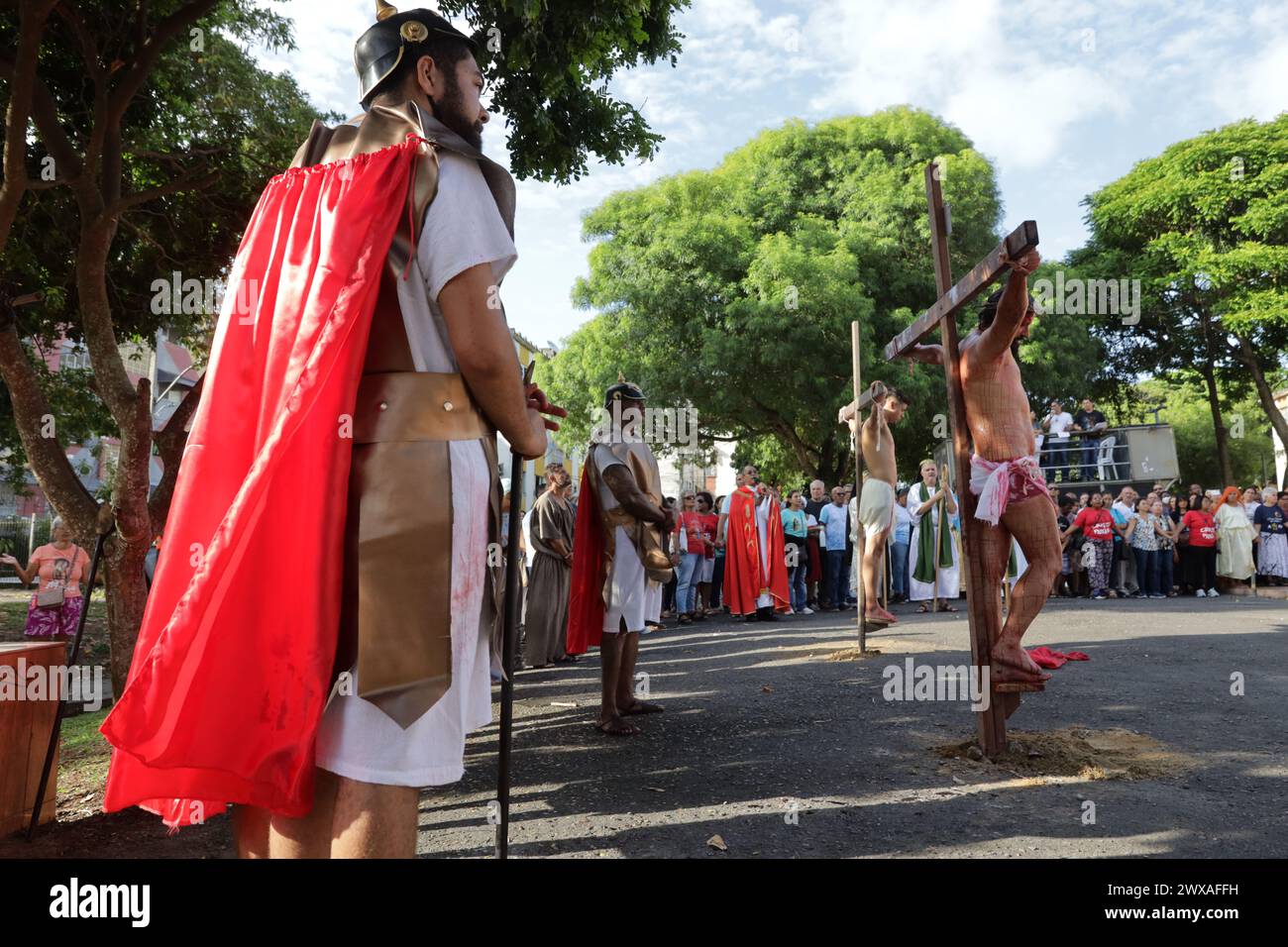 salvador, bahia, brazil - march 29, 2024: actors perform the passion of christ in the city of salvador. Stock Photo