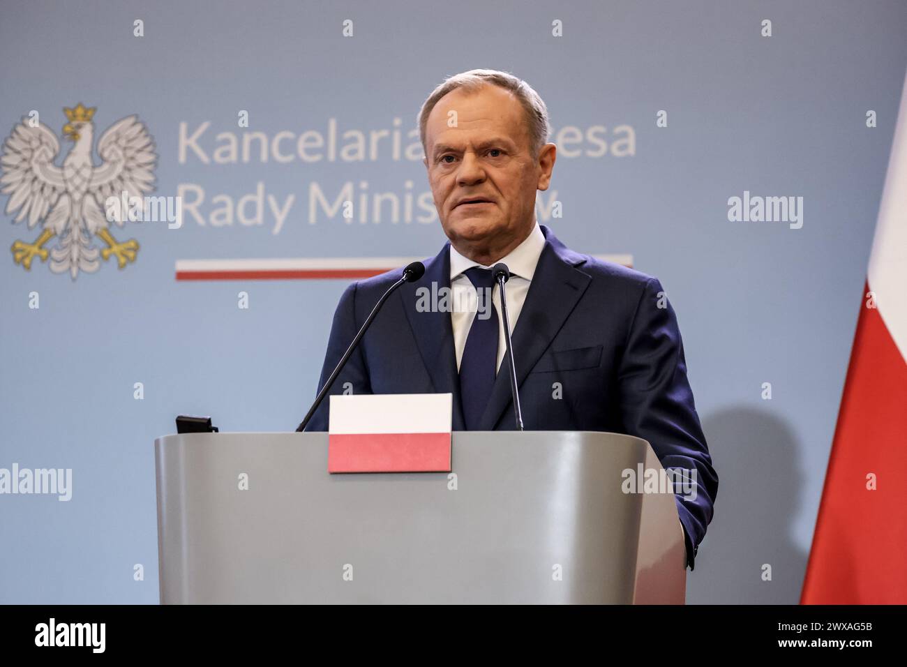 Prime Minister of Poland, Donald Tusk speaks during press conference during bilateral meeting between Polish and Ukraine governments in the Polish PM's Chancellery on Ujazdowska Street in Warsaw, the capital of Poland on March, 28, 2024. Stock Photo