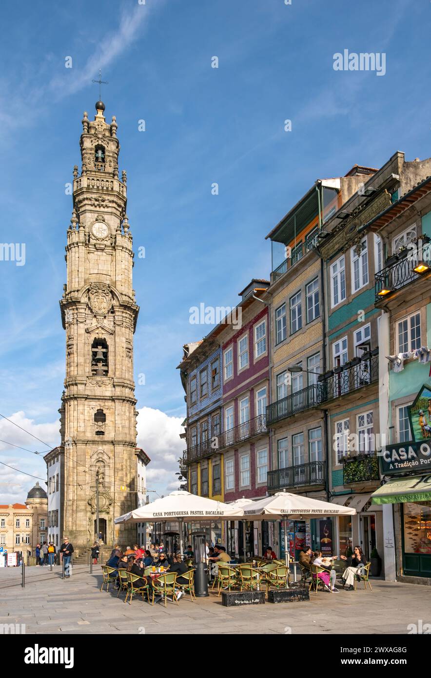 The Clérigos Church Tower  stands tall over the surrounding square, Porto, Portugal Stock Photo