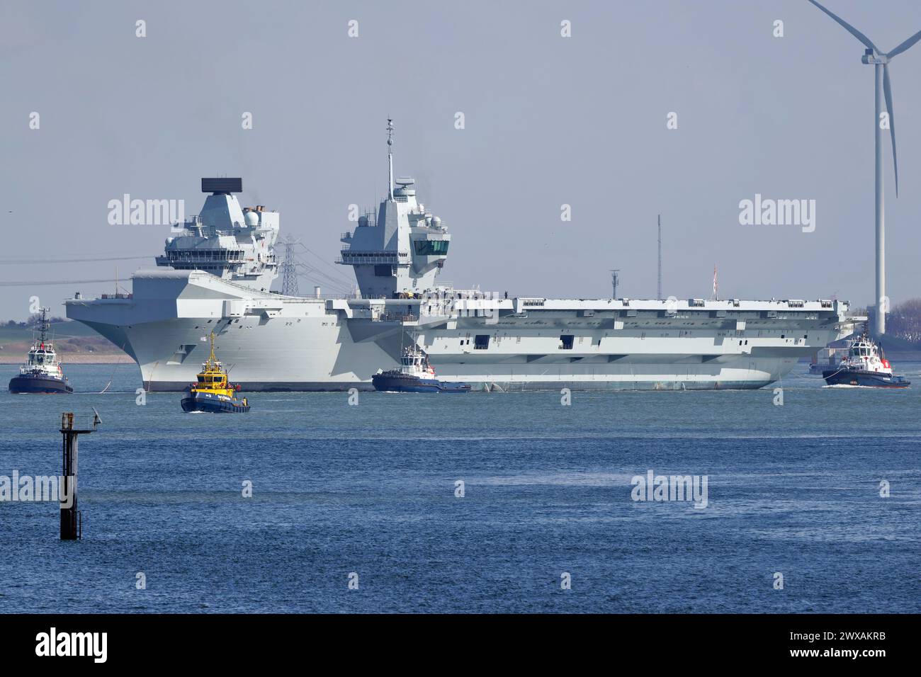 The British aircraft carrier HMS Prince of Wales R09 leaves the port of Rotterdam on March 25, 2024. Stock Photo