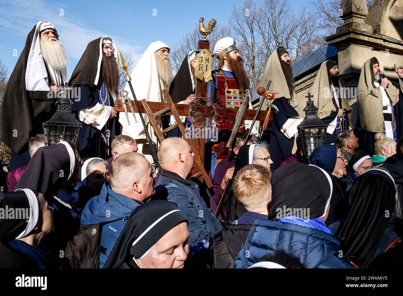 Kalwaria Zabrzydowska, Poland, March 29, 2024. Actors play Jewish Sanhedrin as thousands of devotees walk in the Way of the Cross procession on Good Friday in the landmark, UNESCO listed site in Kalwaria Zebrzydowska basilica. The traditional procession on the site starts early in the morning with actors paying the Biblical roles of the Way of the Cross. Credit: Dominika Zarzycka/Alamy Live News Stock Photo