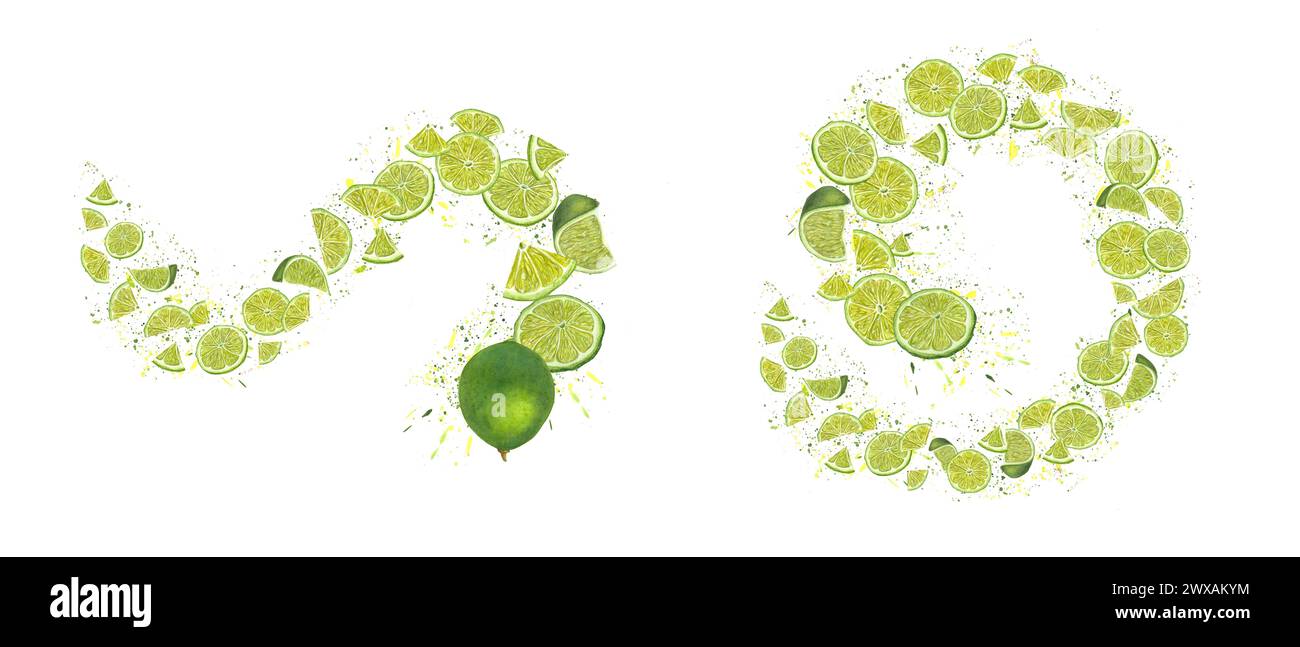 Swirl of lime slices in circular spiral. Ripe citrus fruits on background of splashes of juice. Colored confetti, flying abstract dots. Stock Photo