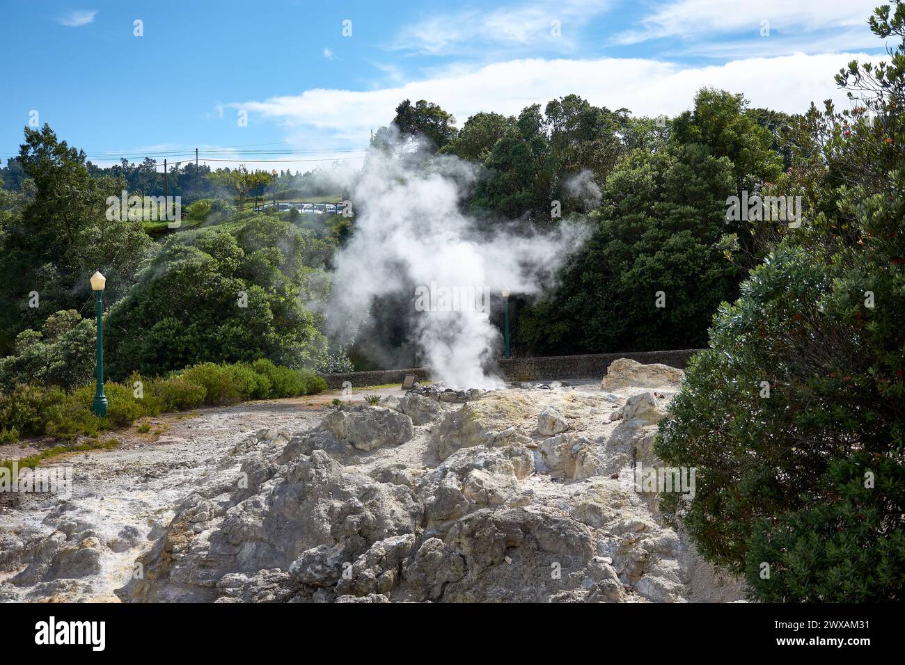 The Caldeiras do Vulcão das Furnas are in different states of activity, some dry and others with a large flow of hot water. Fumaroles, boiling mud and Stock Photo