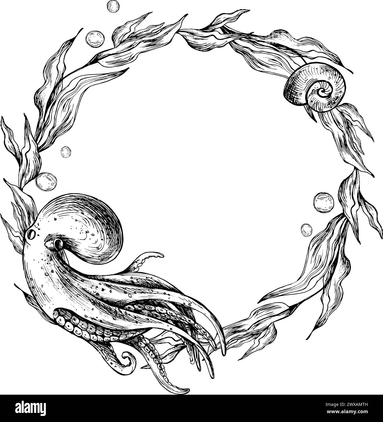 Underwater world clipart with sea animals octopus, jellyfish coral and algae. Graphic illustration hand drawn in black ink. Circle wreath, frame EPS Stock Vector