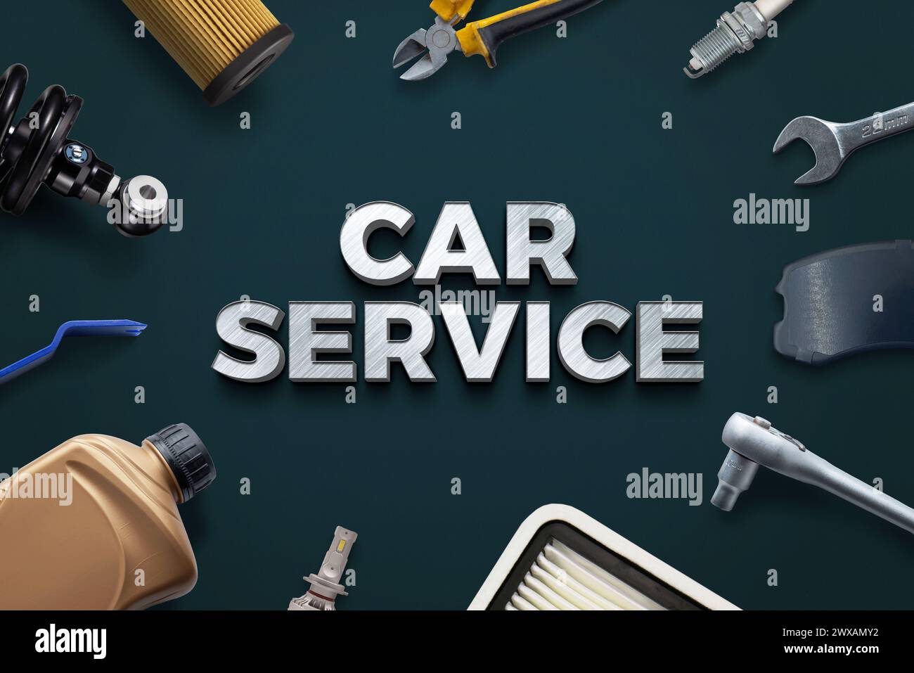 Metal Car Service' text surrounded by car parts: oil filter, oil can, LED bulb, air filter, brake pads, shock absorber, and tools Stock Photo