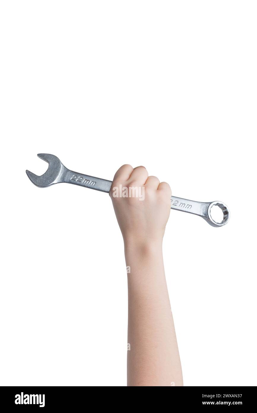 Hand extends wrench high up, isolated on white. Service and repair concept. Ideal for automotive, mechanical, or maintenance-related promotions Stock Photo
