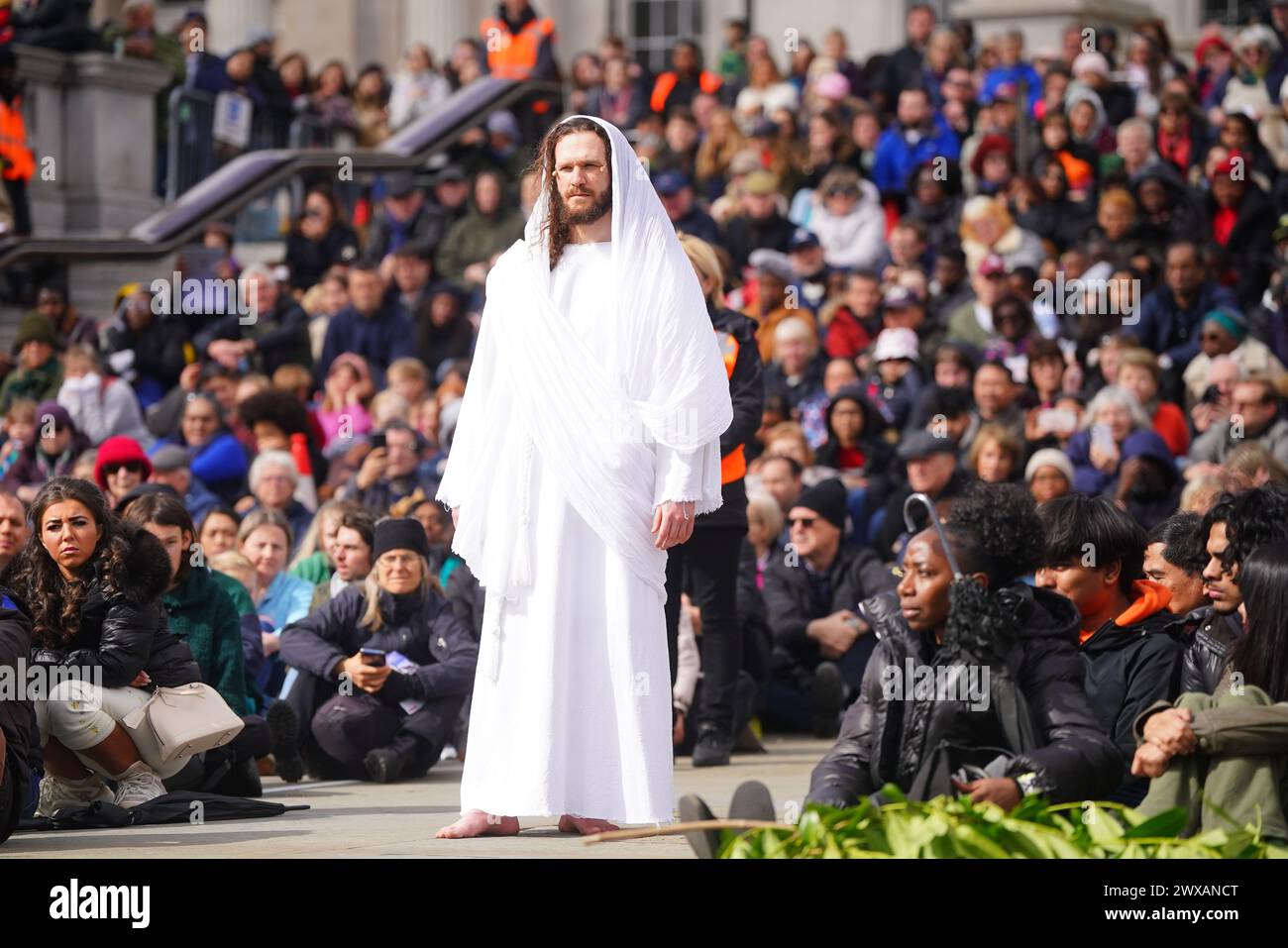 The Passion of Jesus is performed to crowds in Trafalgar Square, central London, on Good Friday. Picture date: Friday March 29, 2024. Stock Photo