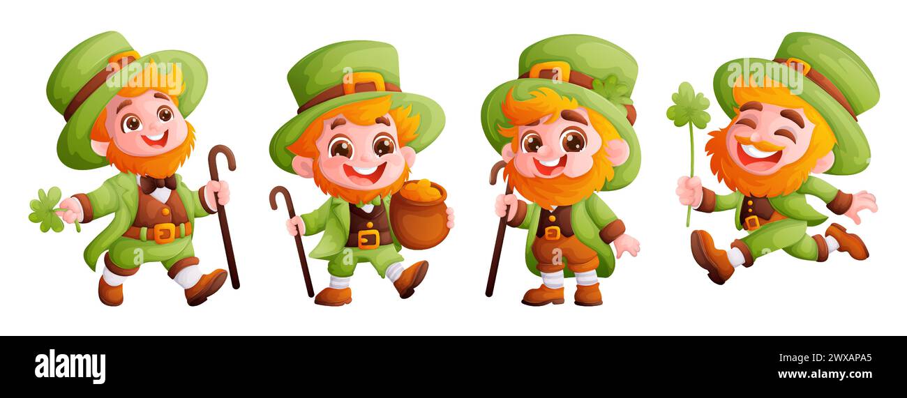 Set of four happy and cute leprechauns in a green suit. A red-haired boy with a beard, wearing a green conical hat. Symbol of the holiday Saint Stock Vector