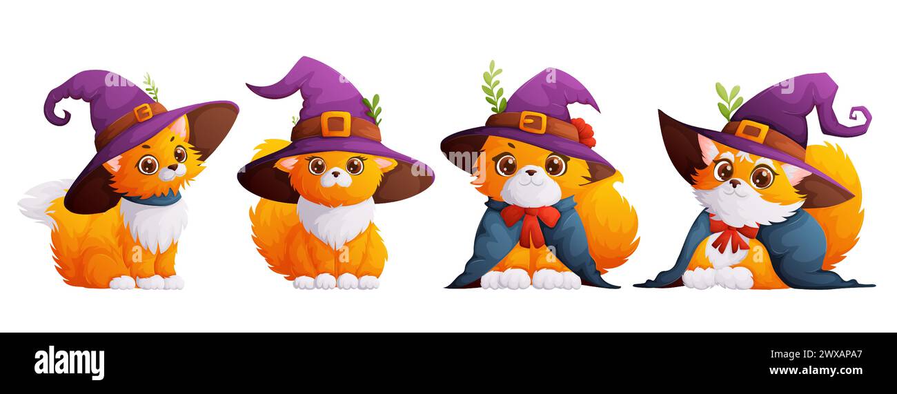 A set of four happy and cute cats with a purple witch hat on their head ...