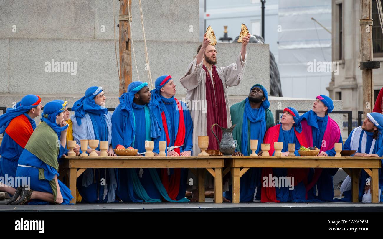 Trafalgar Square, London, UK. 29th Mar, 2024. For Good Friday 100 Wintershall players bring their moving portrayal of the final days of Jesus to Trafalgar Square in the capital in an open air production watched by thousands of spectators in two performances. Credit: Malcolm Park/Alamy Live News Stock Photo