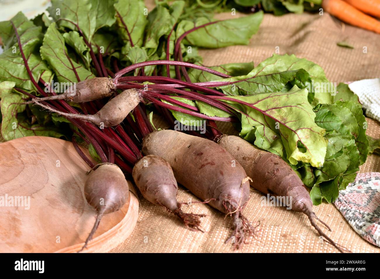 In the picture, a slide on the table is the fruits of red beets with yoghurt. Stock Photo
