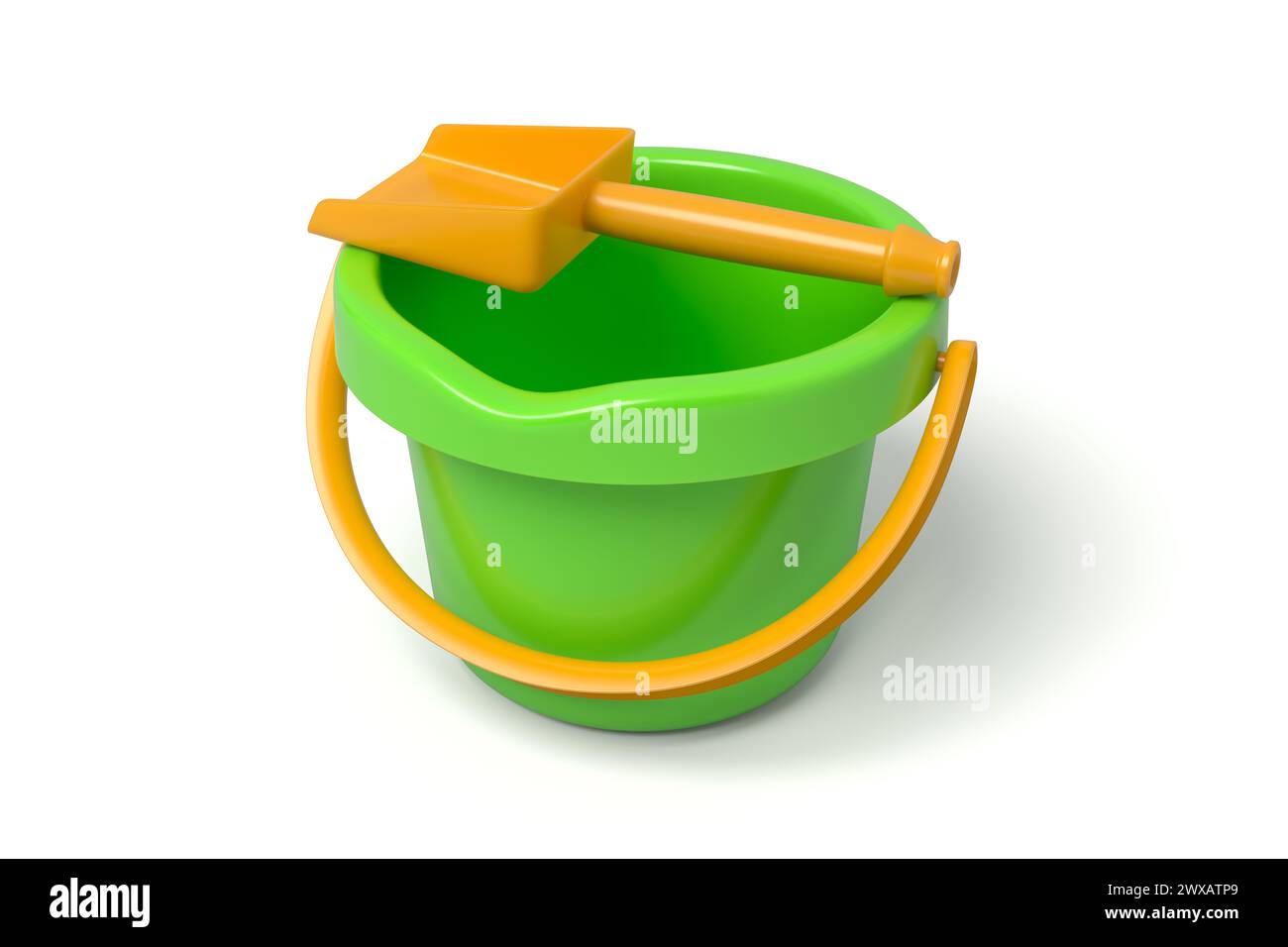 Green sand bucket with orange shovel grip Stock Photo Alamy