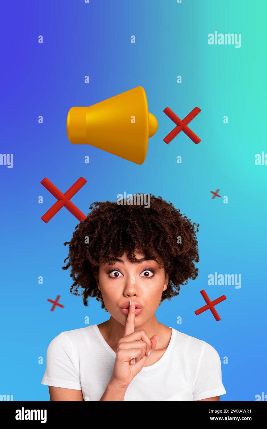 Vertical creative photo picture collage young woman showing gesture shh ...