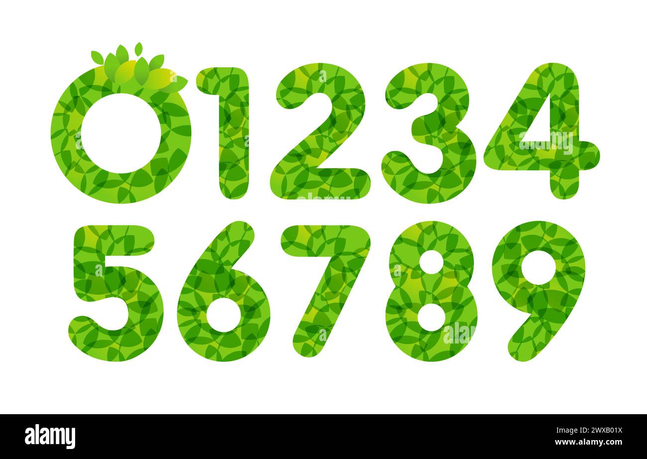 Set of spring or summer numbers from 0 to 9 with green leaves. Sale concept. Happy anniversary idea. Decorative elements for organic or natural goods. Stock Vector